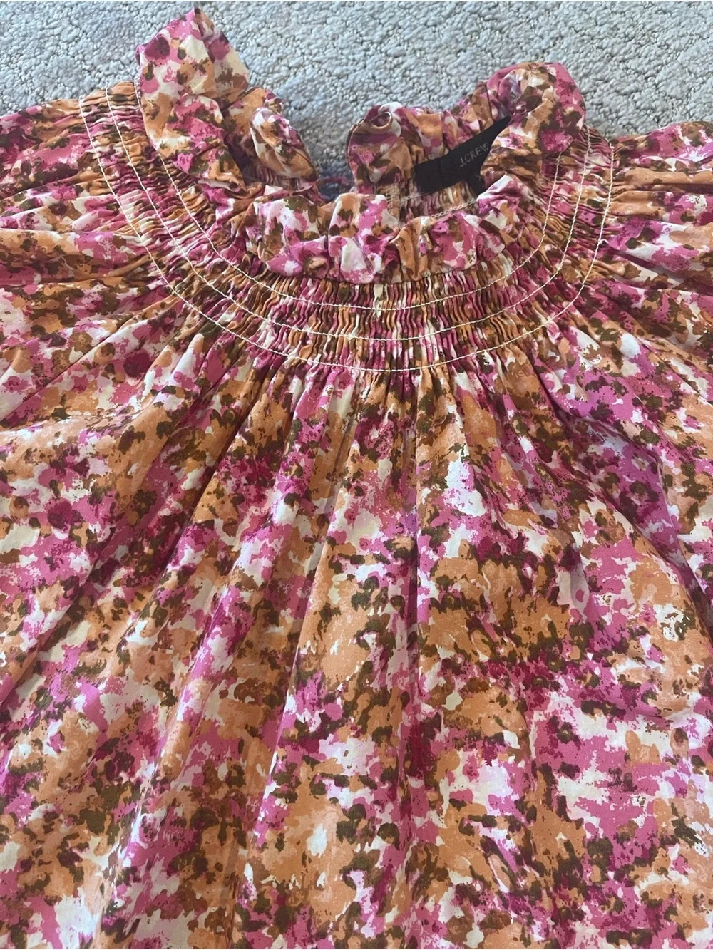 J. Crew Smocked Puff-Sleeve Blouse, Ties In Back, Pink Faded Floral, Size XXS